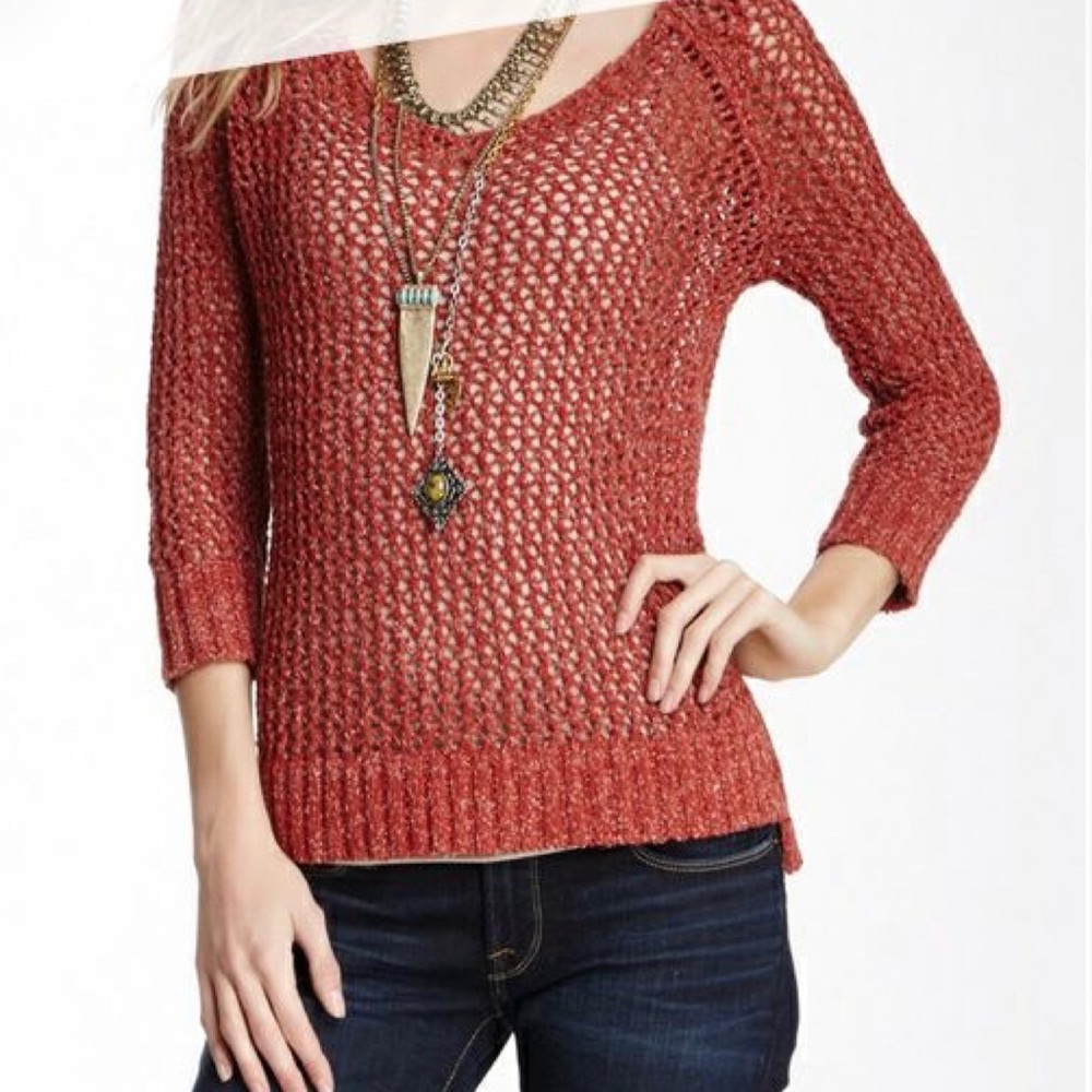 Lucky Brand Sweater Size Small Burgundy Wine Scoop Neck Open Knit Split Back